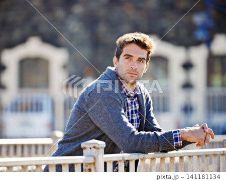 Question, idea and man thinking outdoor in city for inspiration, decision and daydreaming. Morning, thought and male person in winter clothing for trendy style, perspective and relax in urban town Question, idea and man thinking outdoor in city for inspiration, decision and daydreaming. Morning, thought and male person in winter clothing for trendy style, perspective and relax in urban town 141181134