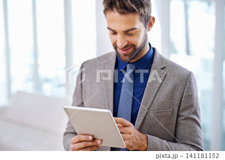Tablet, smile and businessman in office, web design and read online project or website. Corporate, networking or internet for research or planning with male person, strategy or leadership for manager Tablet, smile and businessman in office, web design and read online project or website. Corporate, networking or internet for research or planning with male person, strategy or leadership for manager 141181152