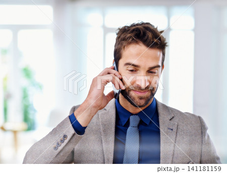 Phone call, smile and businessman in office, formal and conversation for business owner. Smartphone, technology and talking in suit for professional male person, startup entrepreneur and finance Phone call, smile and businessman in office, formal and conversation for business owner. Smartphone, technology and talking in suit for professional male person, startup entrepreneur and finance 141181159