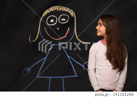 Blackboard, children and girl with chalk art, drawing or picture of imaginary friend on dark background. Fantasy, creative or kid person with companion sketch, dream or school, homework or assignment Blackboard, children and girl with chalk art, drawing or picture of imaginary friend on dark background. Fantasy, creative or kid person with companion sketch, dream or school, homework or assignment 141181260