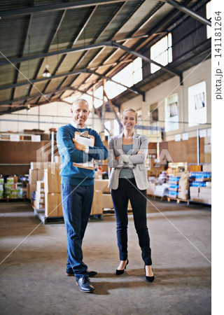 Boxes, confidence and portrait of business people in factory with package, logistics and distribution. Export, commerce and service team at cargo storage warehouse with clipboard, pride and smile 141181264
