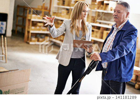 Inspection, clipboard for stock check and people in logistics warehouse, discussion and senior manager for shipping. Inventory management, distribution and supplier with communication and checklist 141181289