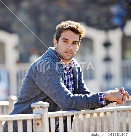 Decision, portrait and man thinking outdoor in city for inspiration, question and daydreaming. Morning, thoughts and person in winter clothing for trendy style, perspective and relax in urban town Decision, portrait and man thinking outdoor in city for inspiration, question and daydreaming. Morning, thoughts and person in winter clothing for trendy style, perspective and relax in urban town 141181307