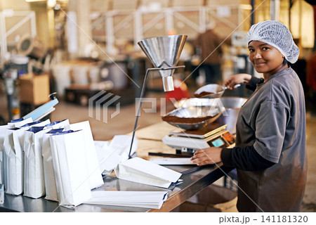 Manufacturing, worker and coffee beans packaging in factory with portrait, smile and production process. Business, woman and employee with bags, weighing tool and supply chain industry in warehouse Manufacturing, worker and coffee beans packaging in factory with portrait, smile and production process. Business, woman and employee with bags, weighing tool and supply chain industry in warehouse 141181320