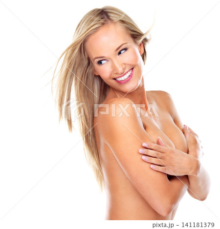 Smile, topless and happy female person, skincare and beauty isolated on white background. Nude, holding and boobs for confident woman model, wellness and makeup or for spa dermatology or cosmetics Smile, topless and happy female person, skincare and beauty isolated on white background. Nude, holding and boobs for confident woman model, wellness and makeup or for spa dermatology or cosmetics 141181379