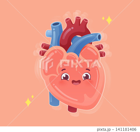 Cute Healthy Heart Cartoon with Happy Face and Normal Heartbeat Cute Healthy Heart Cartoon with Happy Face and Normal Heartbeat 141181406