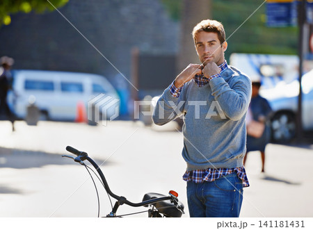 City, travel and portrait of man with bicycle for adventure, sightseeing and journey on vacation. Mockup, holiday and male person with bike for eco friendly transport, weekend and tourism in Italy City, travel and portrait of man with bicycle for adventure, sightseeing and journey on vacation. Mockup, holiday and male person with bike for eco friendly transport, weekend and tourism in Italy 141181431