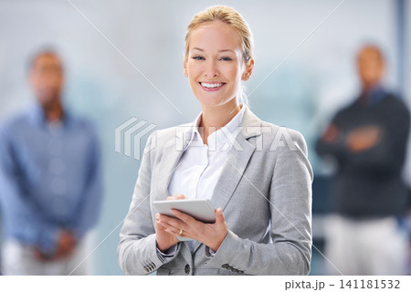 Tablet, office and portrait of business woman with team for online research, website and networking. Happy, corporate worker and confident person on digital tech for planning, internet and contact Tablet, office and portrait of business woman with team for online research, website and networking. Happy, corporate worker and confident person on digital tech for planning, internet and contact 141181532