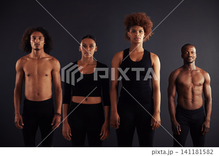 Performance, portrait and group of people, creative and artist of dance, moving and passion in studio. Black background, men and women with pride, confident and practice for ballet and stage 141181582