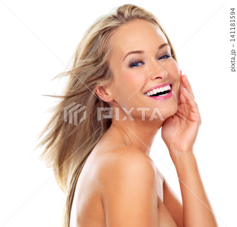 Skincare, smile and portrait of happy female person, beauty and hand isolated on white background. Laugh, glow and salon for confident woman model, wellness or makeup for dermatology or cosmetics Skincare, smile and portrait of happy female person, beauty and hand isolated on white background. Laugh, glow and salon for confident woman model, wellness or makeup for dermatology or cosmetics 141181594