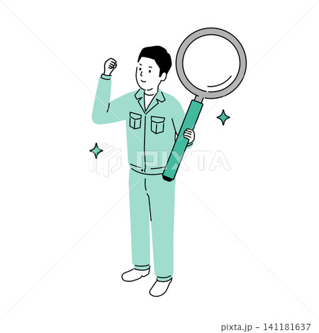大きな虫眼鏡を持って点検する作業員男性のイラスト、設備保守・品質検査 大きな虫眼鏡を持って点検する作業員男性のイラスト、設備保守・品質検査 141181637