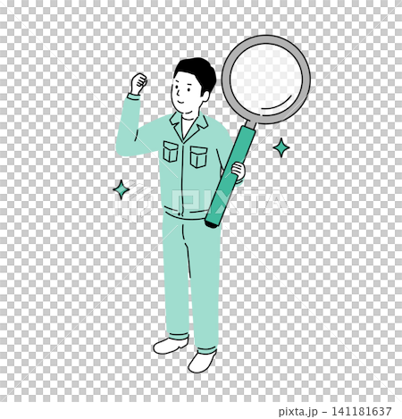 An illustration of a male worker inspecting equipment with a large magnifying glass, depicting equipment maintenance and quality inspection. An illustration of a male worker inspecting equipment with a large magnifying glass, depicting equipment maintenance and quality inspection. 141181637
