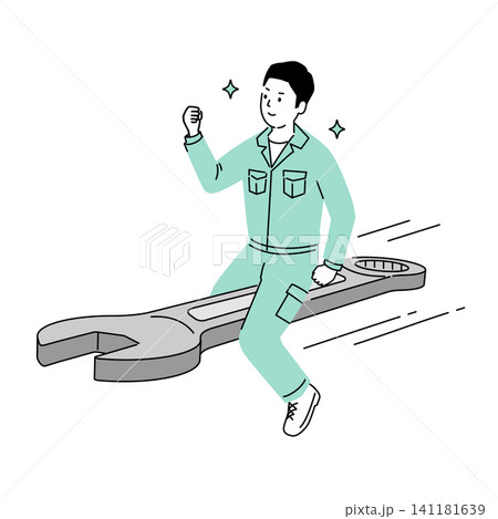 大きなスパナに乗って駆けつける作業員男性のイラスト、修理・メンテナンスサービス 141181639