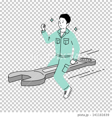 大きなスパナに乗って駆けつける作業員男性のイラスト、修理・メンテナンスサービス 141181639