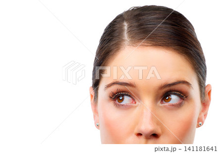 Makeup, thinking or woman with skincare, dermatology and grooming routine isolated on white studio background. Person, mockup space or model with wellness or cosmetics with decision or healthy skin Makeup, thinking or woman with skincare, dermatology and grooming routine isolated on white studio background. Person, mockup space or model with wellness or cosmetics with decision or healthy skin 141181641