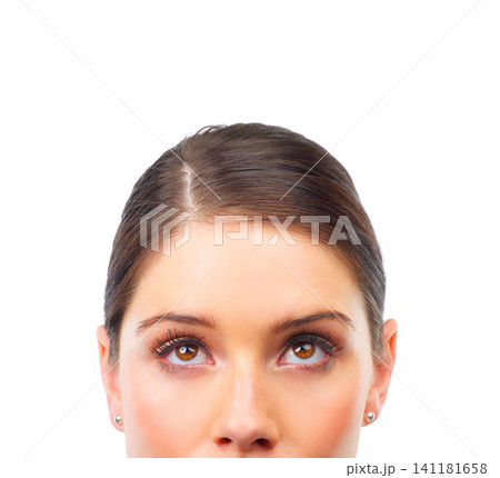 Beauty, thinking or woman with skincare, cosmetics or dermatology isolated on white studio background. Person, mockup space or model with wellness or shine with decision, grooming routine or choice 141181658
