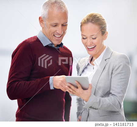 Laugh, tablet and business people at a warehouse for social media, review or funny feedback. Supply chain, search and factory team with gif, meme or joke for brainstorming digital inventory checklist 141181713