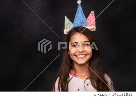 Chalk art, portrait or girl with crown on blackboard for drawing, imagine or future fantasy on dark background. Queen, kid and sketch of royalty, princess or picture for school, project or assignment Chalk art, portrait or girl with crown on blackboard for drawing, imagine or future fantasy on dark background. Queen, kid and sketch of royalty, princess or picture for school, project or assignment 141181812