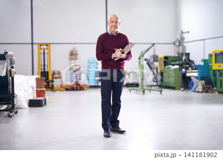 Checklist, mature or portrait of man in factory with stock in workshop, supply chain or production. Smile, clipboard note or happy manager in warehouse for industrial process, inspection or resources Checklist, mature or portrait of man in factory with stock in workshop, supply chain or production. Smile, clipboard note or happy manager in warehouse for industrial process, inspection or resources 141181902