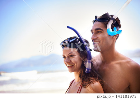 Scuba diving, happy or couple on holiday at a beach to explore for marine adventure, hobby or vacation activity. Mask, divers or people at an ocean for travel, tropical environment or outdoor nature Scuba diving, happy or couple on holiday at a beach to explore for marine adventure, hobby or vacation activity. Mask, divers or people at an ocean for travel, tropical environment or outdoor nature 141181975