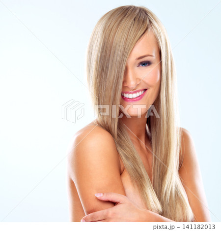Beauty, portrait and haircare for woman person in studio, closeup, smile or cosmetic on white background. Face, salon or cosmetology for female model, self care or treatment for topless lady Beauty, portrait and haircare for woman person in studio, closeup, smile or cosmetic on white background. Face, salon or cosmetology for female model, self care or treatment for topless lady 141182013