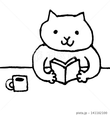 読書をする猫のゆるい手描き風線画イラスト 読書をする猫のゆるい手描き風線画イラスト 141182100