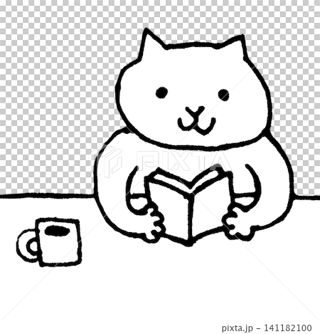 読書をする猫のゆるい手描き風線画イラスト 読書をする猫のゆるい手描き風線画イラスト 141182100