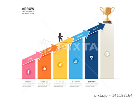 Infographic Staircase Step Business Growth timeline with 5 Step Arrow Process and Concepts for Success Diagram Background Infographic Staircase Step Business Growth timeline with 5 Step Arrow Process and Concepts for Success Diagram Background 141182164