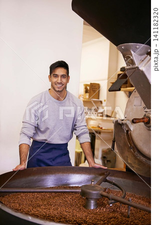 Coffee, portrait and happy man with machine for roasting with small business, production or quality control. Entrepreneur, barista or roaster with beans, sustainable startup cafe and espresso process 141182320