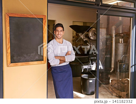 Barista, coffee shop and man in portrait for small business, owner with arms crossed and smile for service. Entrepreneur, cafe and drink store with hospitality, professional and server in industry Barista, coffee shop and man in portrait for small business, owner with arms crossed and smile for service. Entrepreneur, cafe and drink store with hospitality, professional and server in industry 141182332