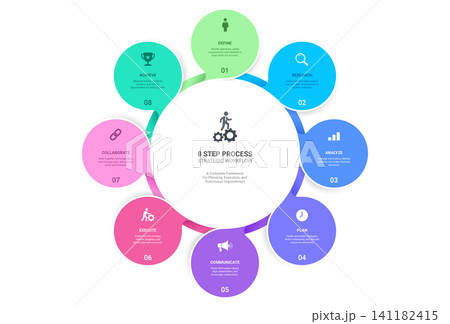 8 Circle Venn diagram infographic template. Interlocking Mobius strip loops with icons for business presentation. 8 Circle Venn diagram infographic template. Interlocking Mobius strip loops with icons for business presentation. 141182415