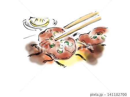 焼いた塩タンを一切れ、箸で掴んでいる手書き筆イラスト 焼いた塩タンを一切れ、箸で掴んでいる手書き筆イラスト 141182700