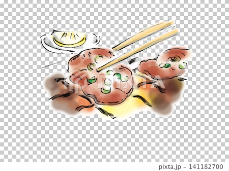 焼いた塩タンを一切れ、箸で掴んでいる手書き筆イラスト 焼いた塩タンを一切れ、箸で掴んでいる手書き筆イラスト 141182700