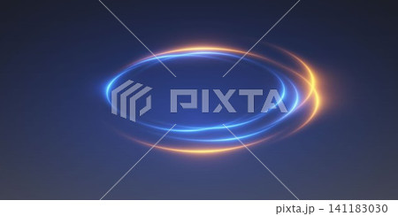 Abstract digital rendering showing moving light trails forming overlapping ellipses on blue background 141183030