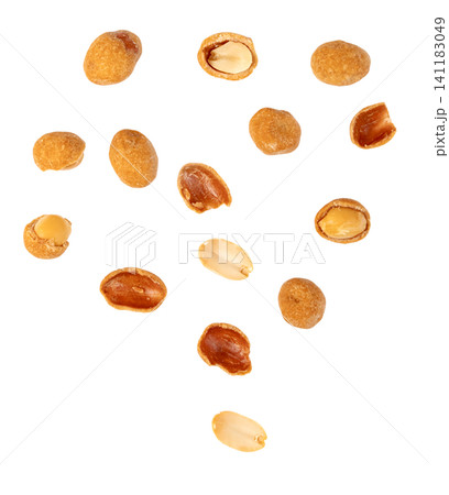 Roasted peanuts with crispy savory coating falling or scattered. Isolated snack food with whole and halved nut pieces. High quality studio shot for culinary design. Roasted peanuts with crispy savory coating falling or scattered. Isolated snack food with whole and halved nut pieces. High quality studio shot for culinary design. 141183049