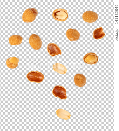 Roasted peanuts with crispy savory coating falling or scattered. Isolated snack food with whole and halved nut pieces. High quality studio shot for culinary design. Roasted peanuts with crispy savory coating falling or scattered. Isolated snack food with whole and halved nut pieces. High quality studio shot for culinary design. 141183049