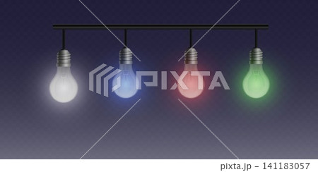 Four hanging light bulbs illuminate different vibrant colors, representing various concepts and choices Four hanging light bulbs illuminate different vibrant colors, representing various concepts and choices 141183057