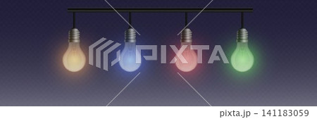 Four hanging light bulbs glowing with diverse colors showing creativity and problem solving 141183059
