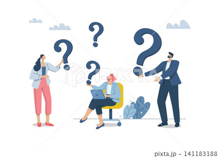 Business team with question marks and confused about the problem, Difficult questions or unsolved search concepts, Complex issues or misunderstandings about business approaches, An uncertain  141183188