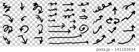 Simple hand-drawn arrow silhouettes. Upward, straight, downward. Simple hand-drawn arrow silhouettes. Upward, straight, downward. 141183634