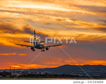 夕暮れの伊丹空港に着陸する飛行機 夕暮れの伊丹空港に着陸する飛行機 141183668