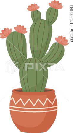 Cute Cactus with Flowers Illustration, Cartoon Pastel Potted Plant in Boho Tribal Pot, Minimalist Blooming Succulent Element Isolated for Home Decor Design 141183843