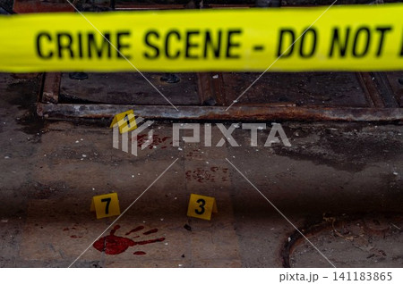 Forensic Crime Scene Investigation with Bloodstains and Numbered Markers Forensic Crime Scene Investigation with Bloodstains and Numbered Markers 141183865