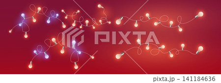 Illuminating glowing string lights creating a festive red background decoration for celebrations Illuminating glowing string lights creating a festive red background decoration for celebrations 141184636