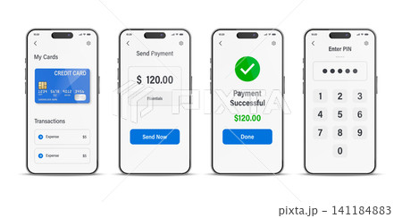 Vector 3d Mobile Payment App, Front View. Digital Wallet Screens with Credit Card, Send Payment, PIN Code, Successful Transaction. Online Banking, Finance, Fintech, Cashless Payment Design 141184883
