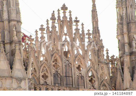 Gothic Architecture Detail of Milan Cathedral with Intricate Spires and Stone Carvings. Duomo di Milano 141184897