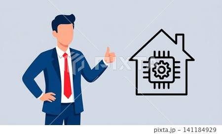 Professional businessman giving thumbs up next to a smart home technology icon on light grey background Professional businessman giving thumbs up next to a smart home technology icon on light grey background 141184929