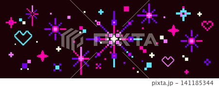 Pixel art star and heart pattern on black 141185344