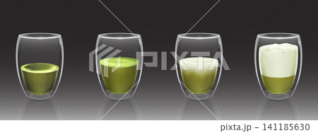 Green matcha and latte in glass cups, side view 141185630