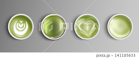 Green matcha and latte in white cup, top view, 141185633